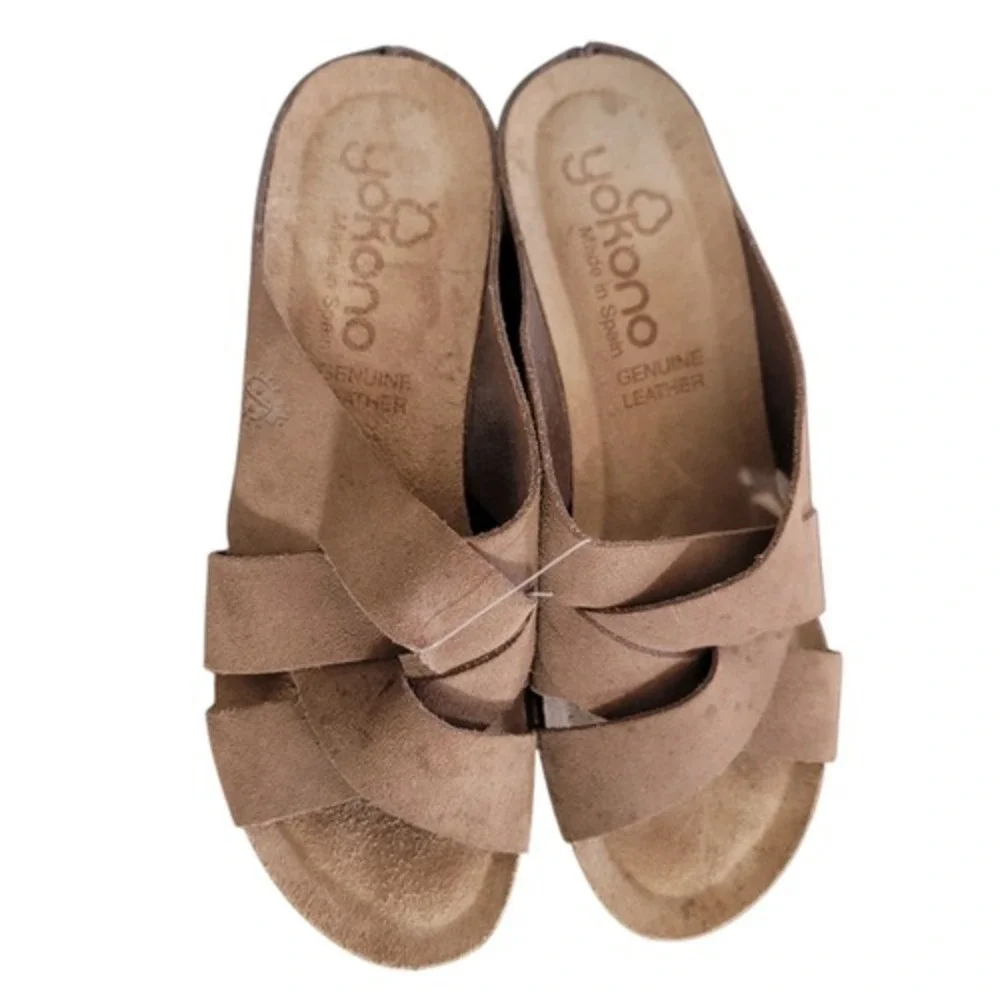Yokono Candela Sz‎ 8 Suede Genuine Leather Cork Platform Wedge Slip On Sandals